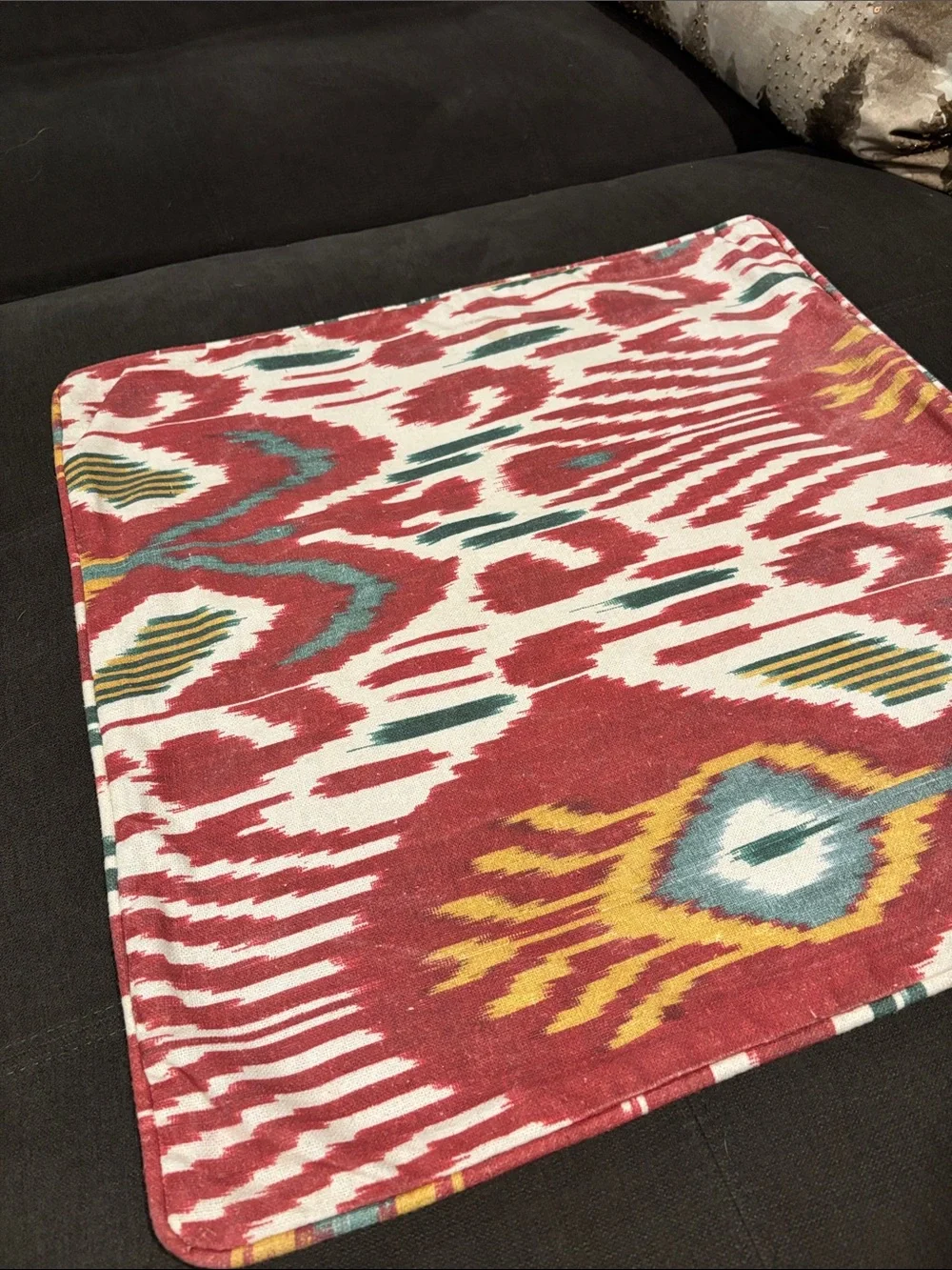 Pottery Barn Red Ikat Accent Pillow Cover with Teal and Mustard Accents